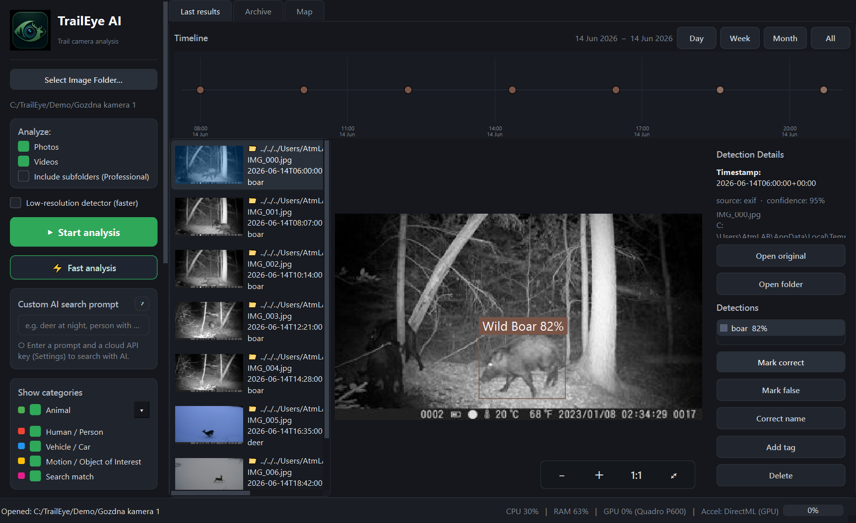 TrailEye AI showing a wildlife detection with time, confidence and event context