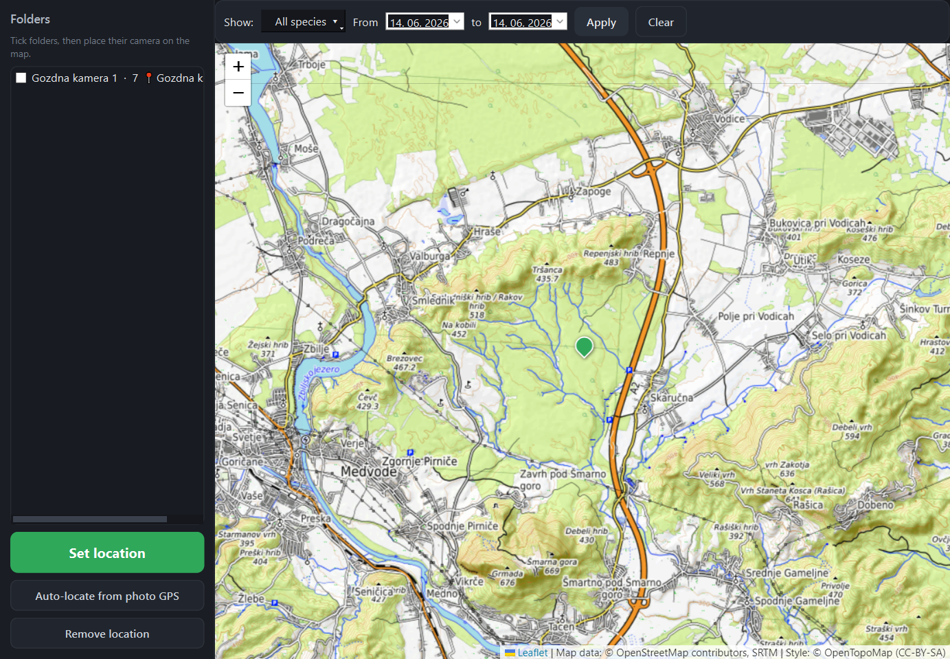 TrailEye AI camera-site map with local wildlife observations